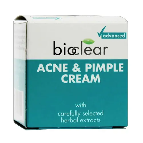 Angled front view of Bio-Clear Acne & Pimple Cream 50 g box