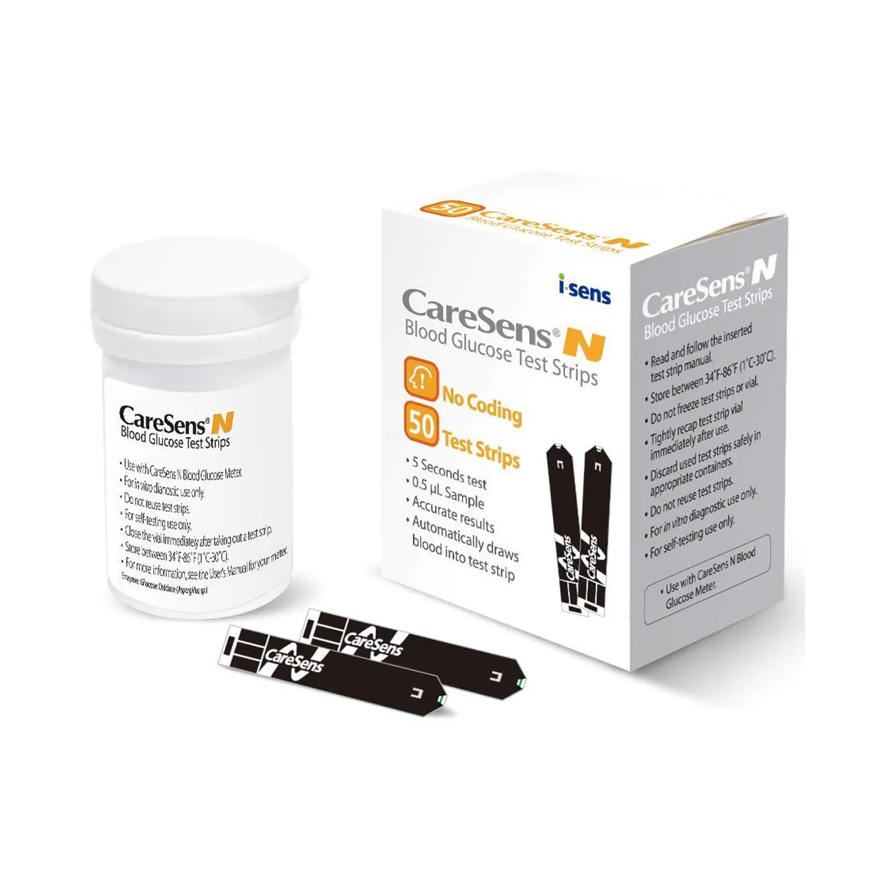 Front of CareSens N Blood Glucose Test Strips box, 50 test strips, with vial and sample strips