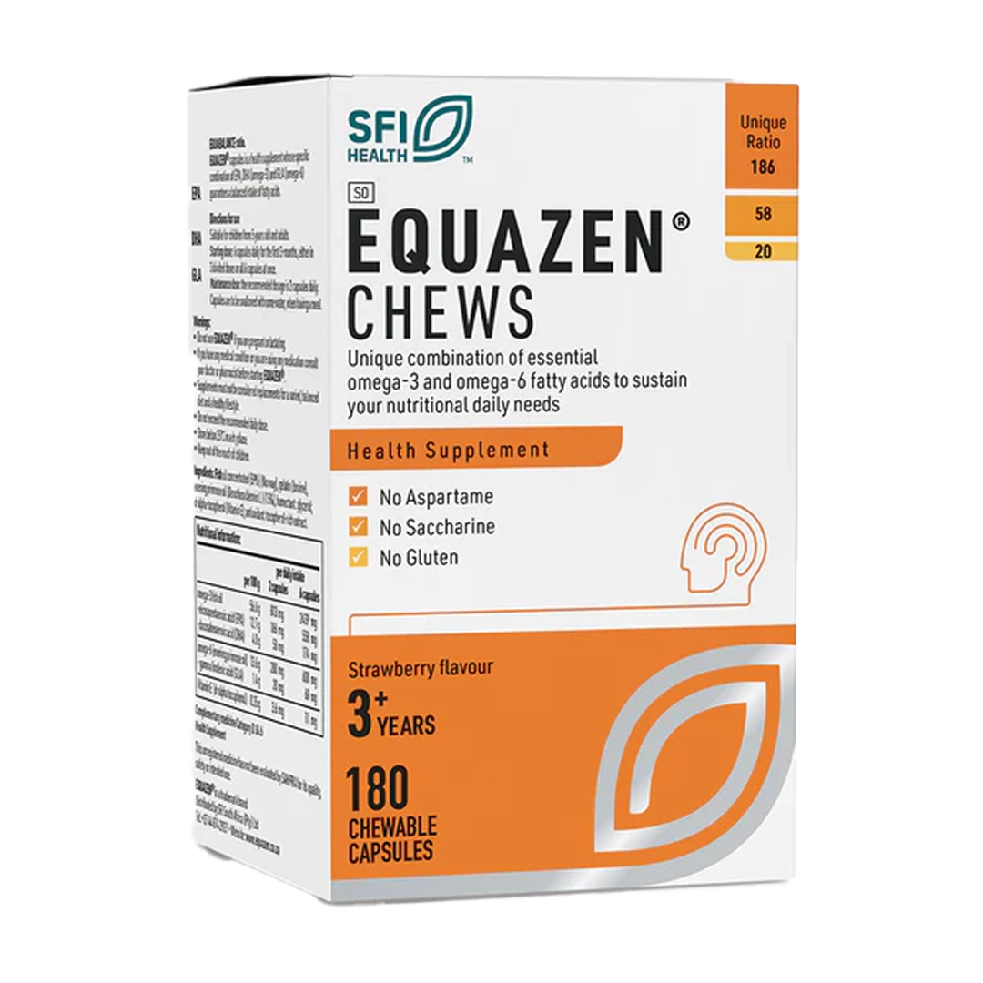 Front of Equazen Chews Strawberry flavour, 180 chewable capsules box