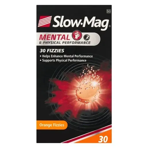 Front of Slow-Mag Mental & Physical Performance Orange Fizzy 30 tablets box