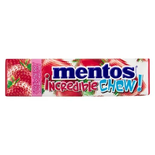 Front of Mentos Incredible Chew Strawberry Flavoured Chewy Candy 10 piece pack on white background