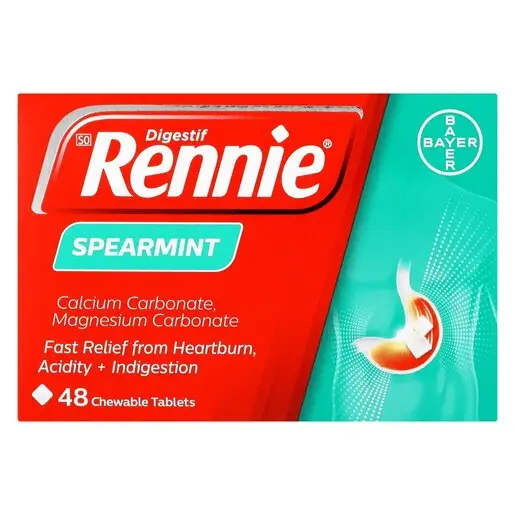 Front of Rennie Spearmint 48 Chewable Tablets box