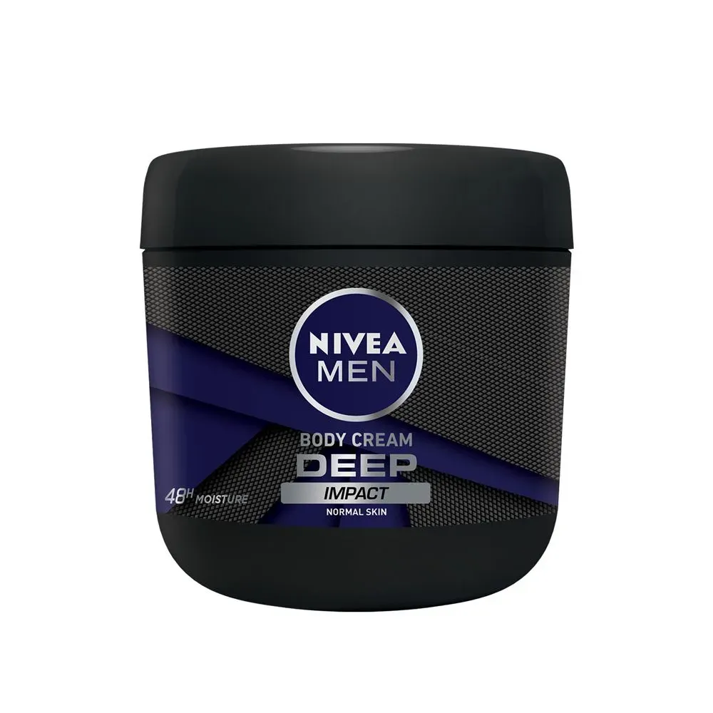 Front of NIVEA MEN Deep Impact Body Cream jar, 400 ml, black and navy packaging