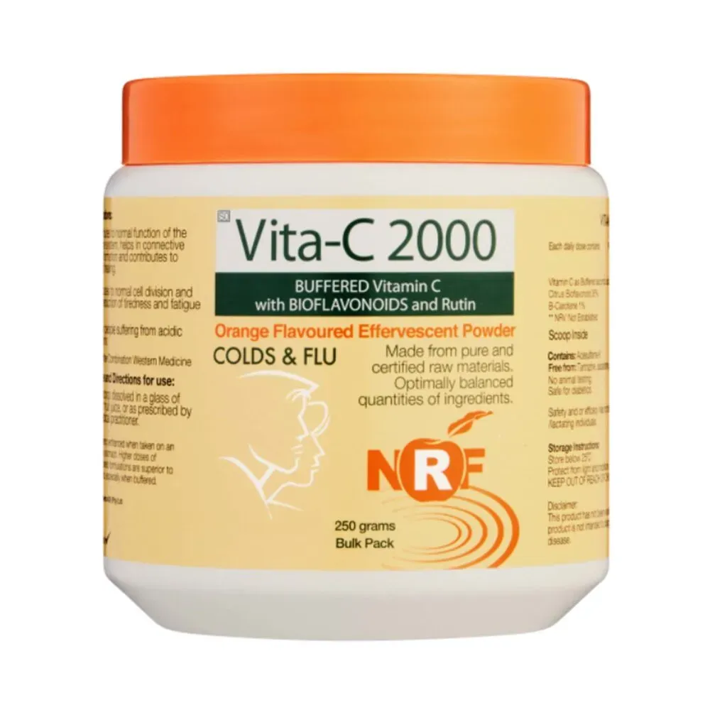 Angled view of NRF Lifestyle Vita-C 2000 Orange Flavoured Effervescent Powder 250g tub