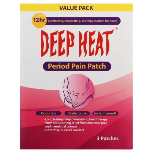 Front of Deep Heat Period Pain Patch box, 3 patches