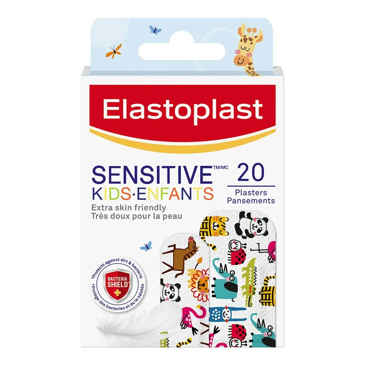 Front of Elastoplast Sensitive Kids Enfants 20 Plasters box on white background