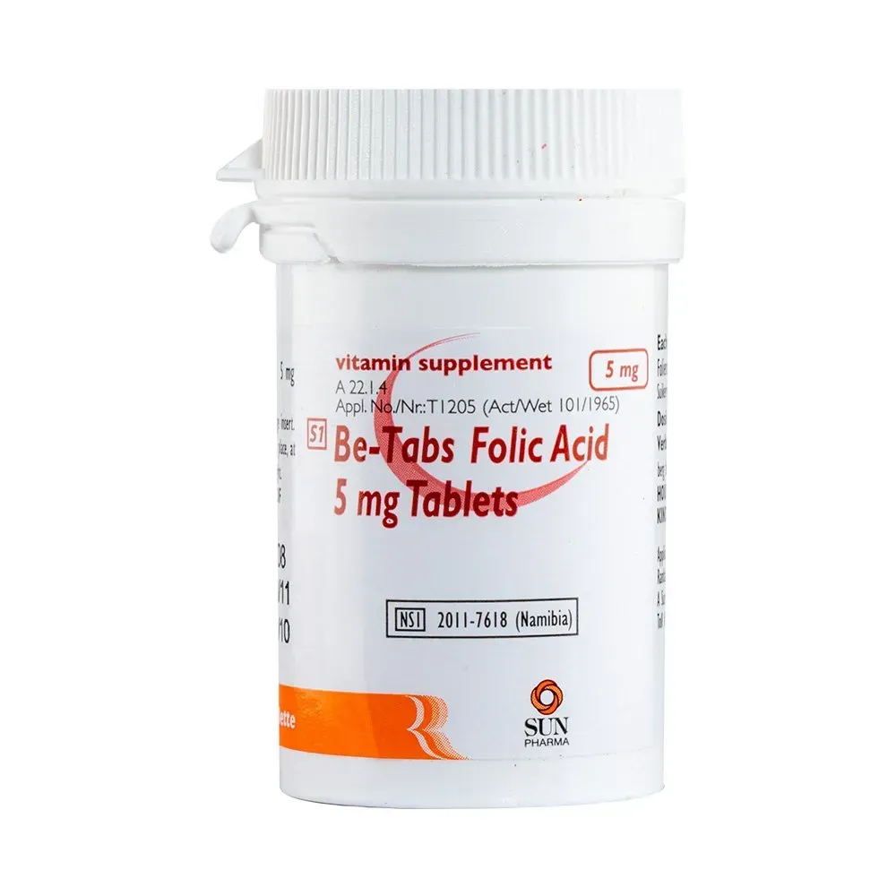 Front of Be-Tabs Folic Acid 5 mg Tablets bottle, 100 tablets