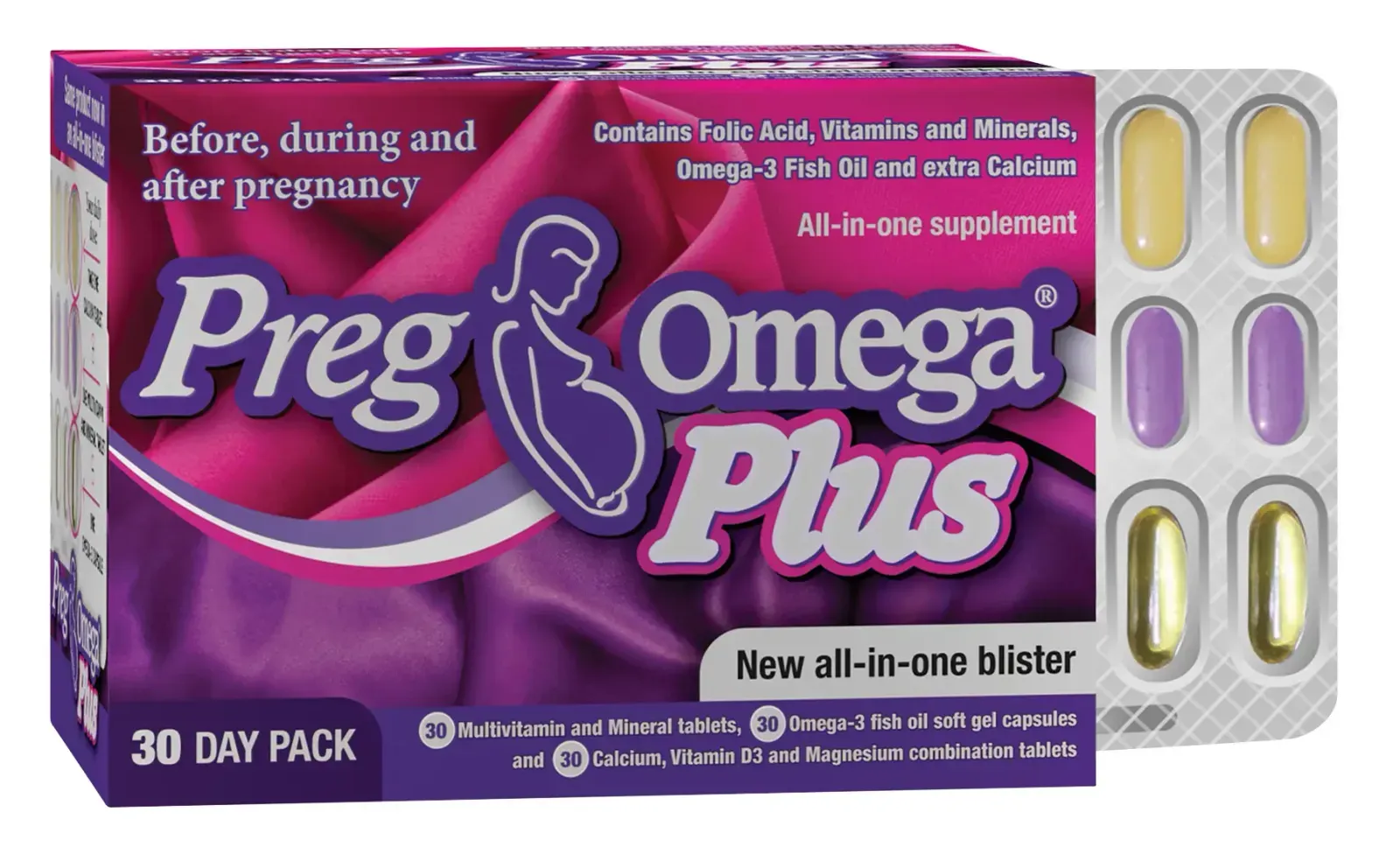 Front angled view of Preg Omega Plus 30 Day Kit box with blister pack, Inova Pharmaceuticals