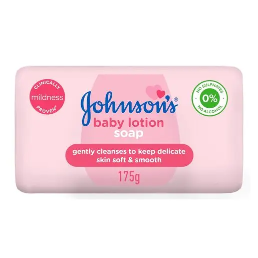 Front of Johnson's Baby Lotion Soap with Mild Moisturisers 175 g bar on white background