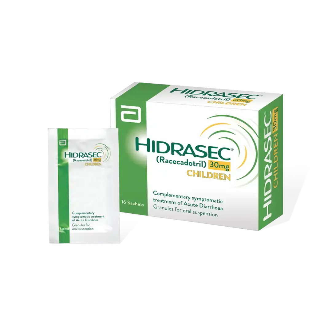 Front of Hidrasec Children 30mg Racecadotril 16 sachets box with sachet