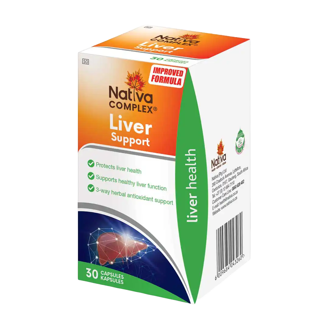 Angled view of Nativa Complex Liver Support 30 capsules box with barcode