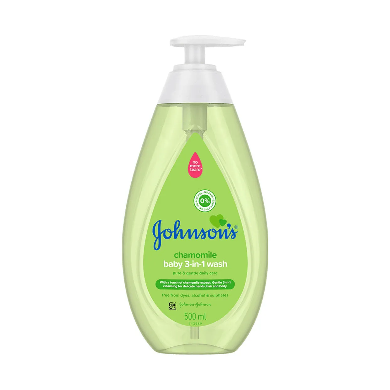 Front of Johnson's Chamomile Baby 3-in-1 Wash 500ml pump bottle