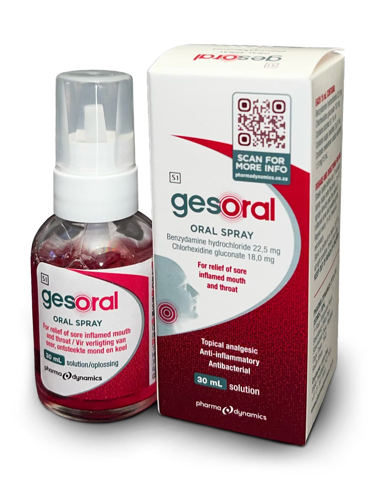 Front of Gesoral Oral Spray 30 mL carton box and bottle