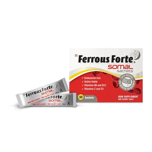 Front of Ferrous Forte Somal Sachets box with sachets, 30 sachets iron supplement