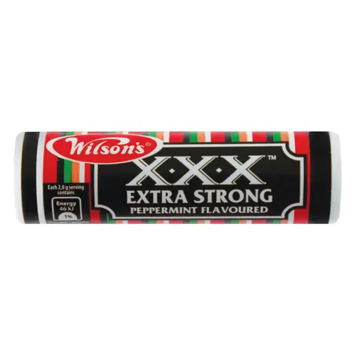 Front of Wilson's XXX Extra Strong Peppermint mint roll
