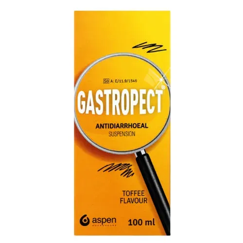 Front of Gastropect Antidiarrhoeal Suspension Toffee Flavour 100 ml box