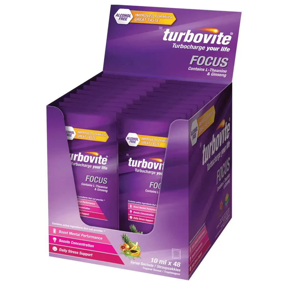 Angled view of Turbovite Focus G-Whiz Sachets display box, 48 x 10 ml