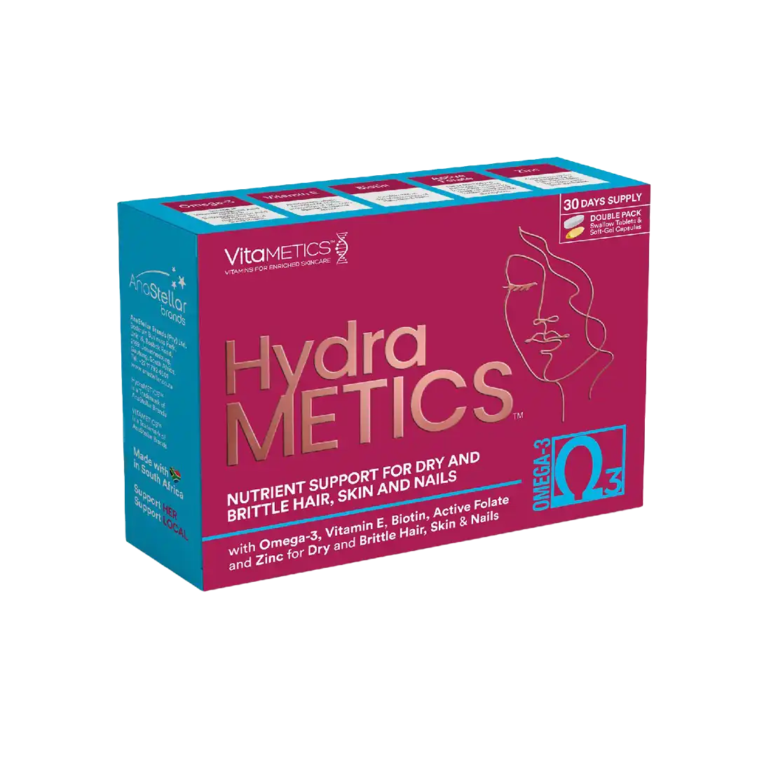 Front of Vitametics HydraMetics 30-day double pack (30 tablets + 30 capsules) carton