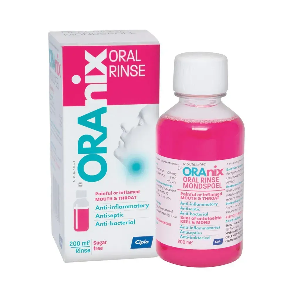 Oranix Oral Rinse 200 ml box and bottle with pink liquid