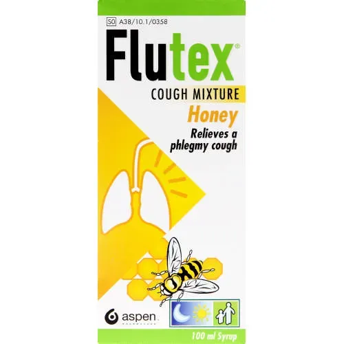 Front of Flutex Cough Mixture Honey 100 ml carton