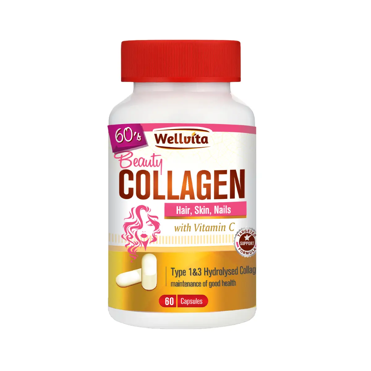 Front of Wellvita Beauty Collagen 60's capsules bottle, 60 capsules, on white background