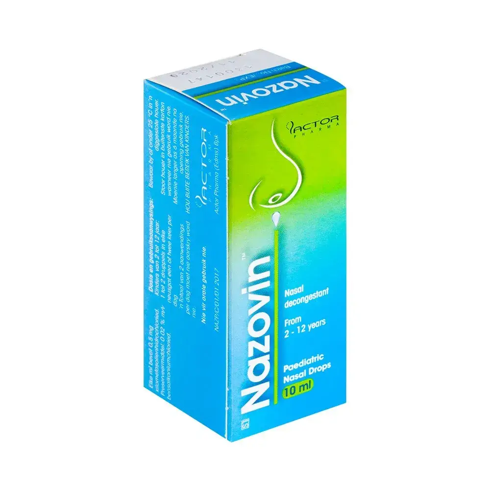 Angled view of Nazovin Paediatric Nasal Drops 0.5mg/ml 10 ml box