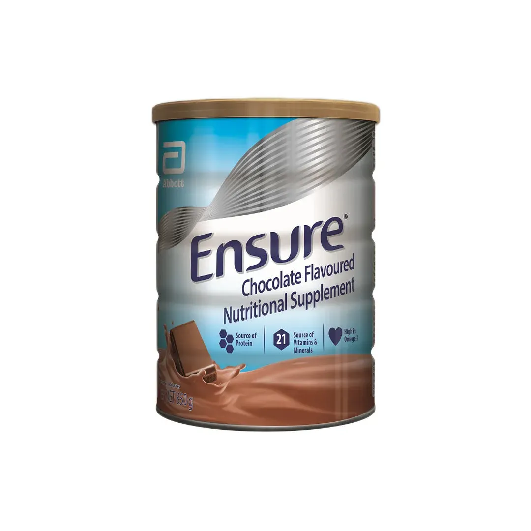 Front of Abbott Ensure Chocolate Flavoured Nutritional Supplement 850 g tin on white background