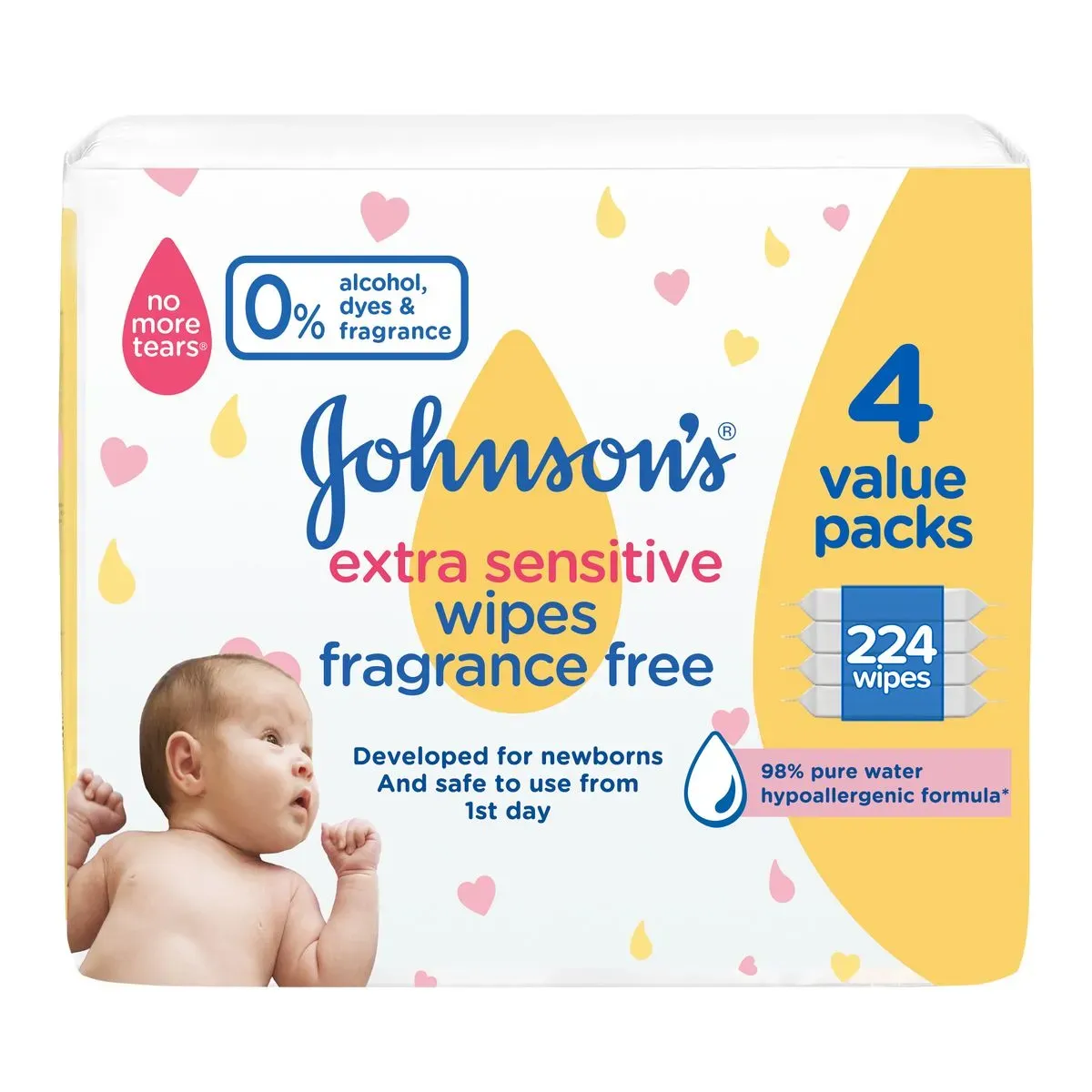 Front of Johnson's Extra Sensitive Baby Wipes Fragrance Free 4 x 56 wipes value pack