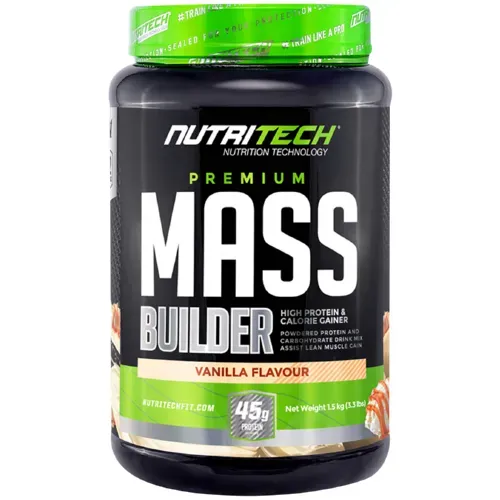 Front of Nutritech Premium Mass Builder Vanilla Flavour 1.5 kg tub