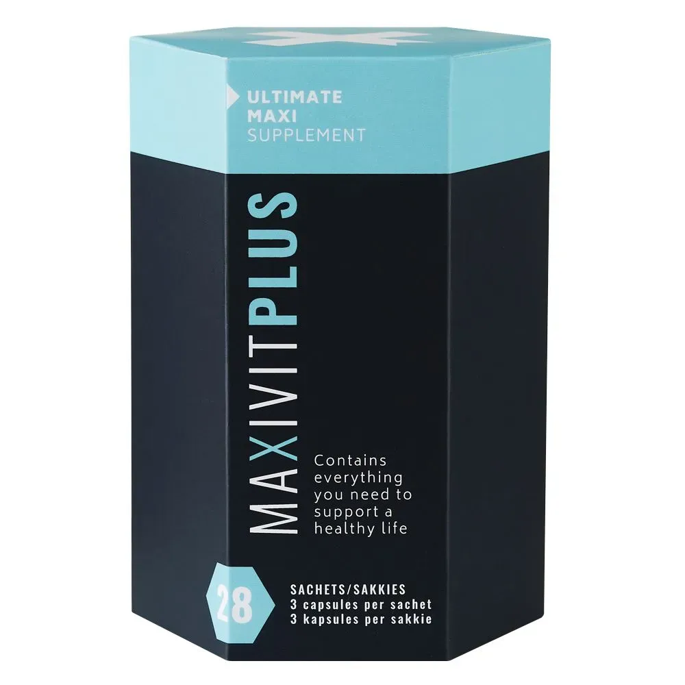 Angled view of Maxivit Plus Ultimate Maxi Supplement box, 28 sachets