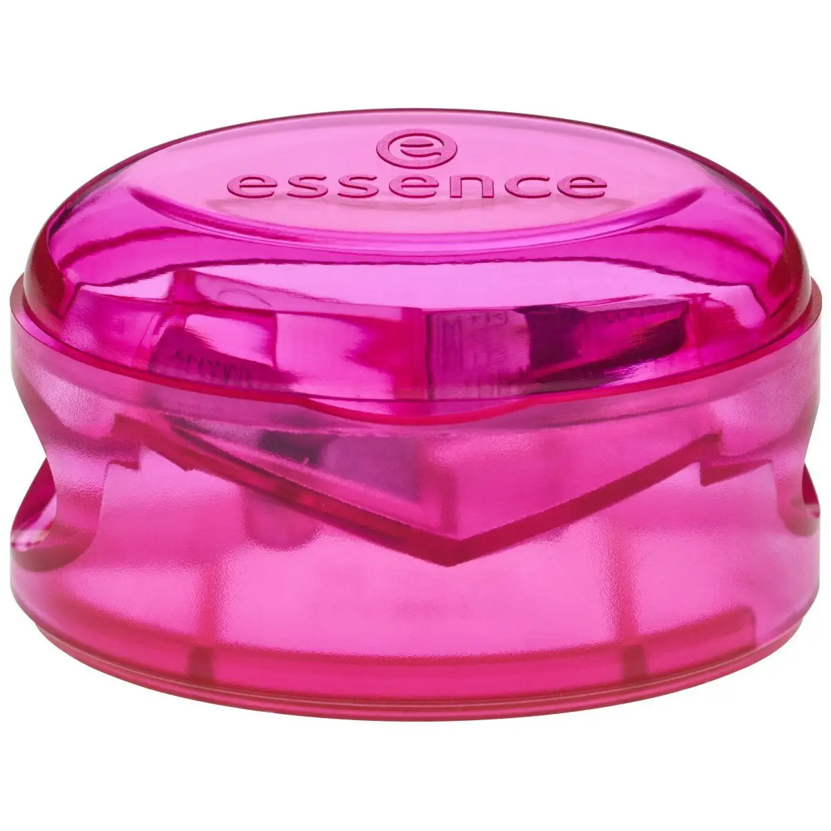 Angled view of Essence Duo Sharpener pink translucent case, 1 sharpener