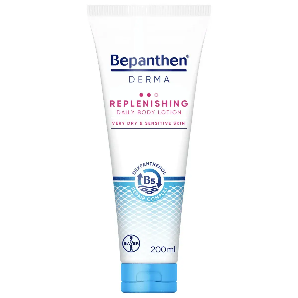 Front of Bepanthen Derma Replenishing Daily Body Lotion 200 ml tube on white background