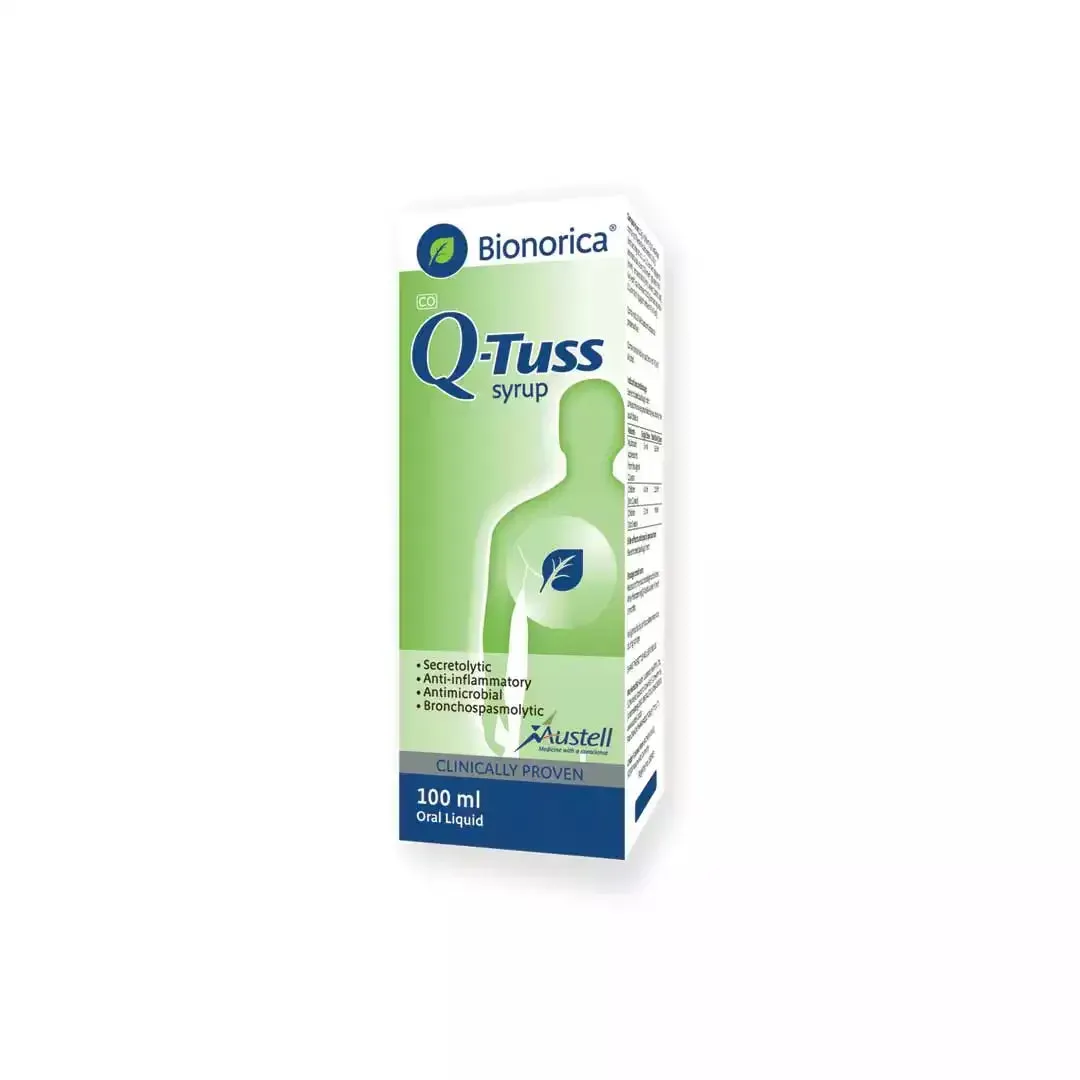 Angled front view of Q-Tuss Syrup 100ml box by Bionorica, clean white background