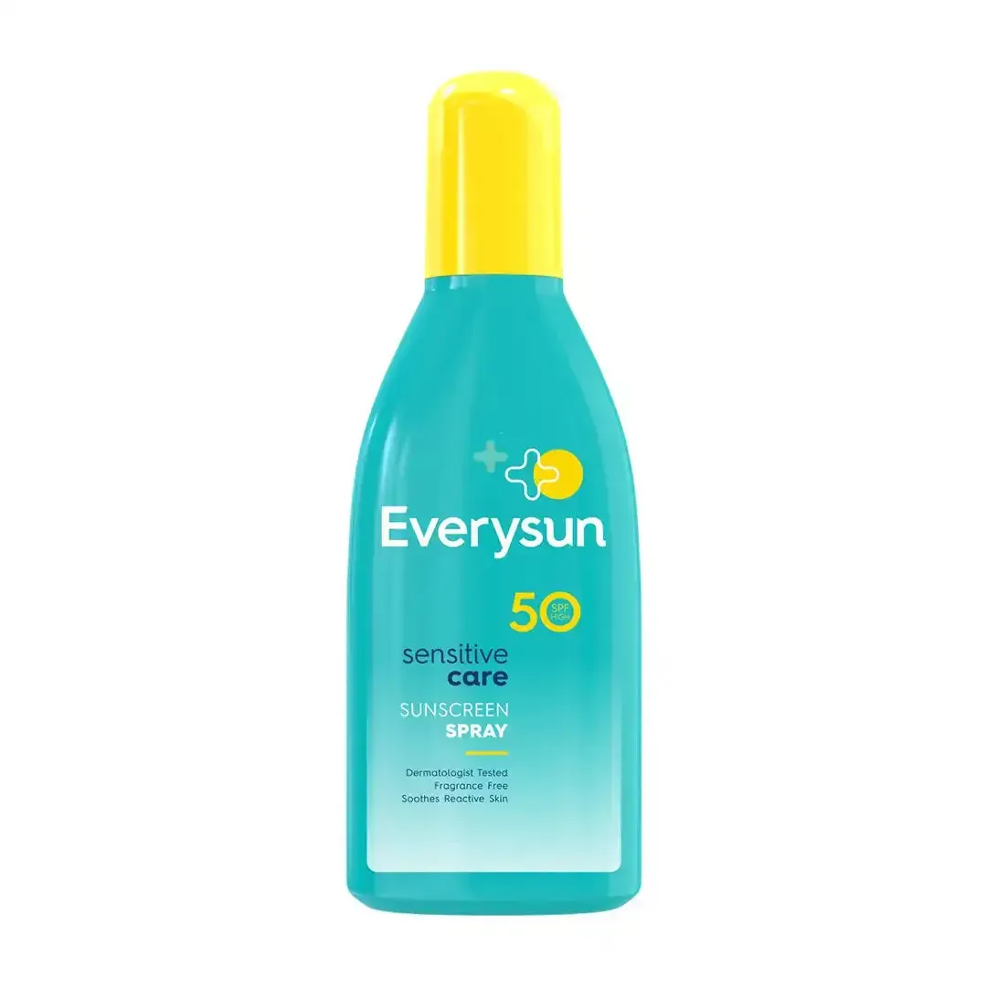 Front of Everysun Sensitive Care Sunscreen Spray SPF50 200ml bottle on white background