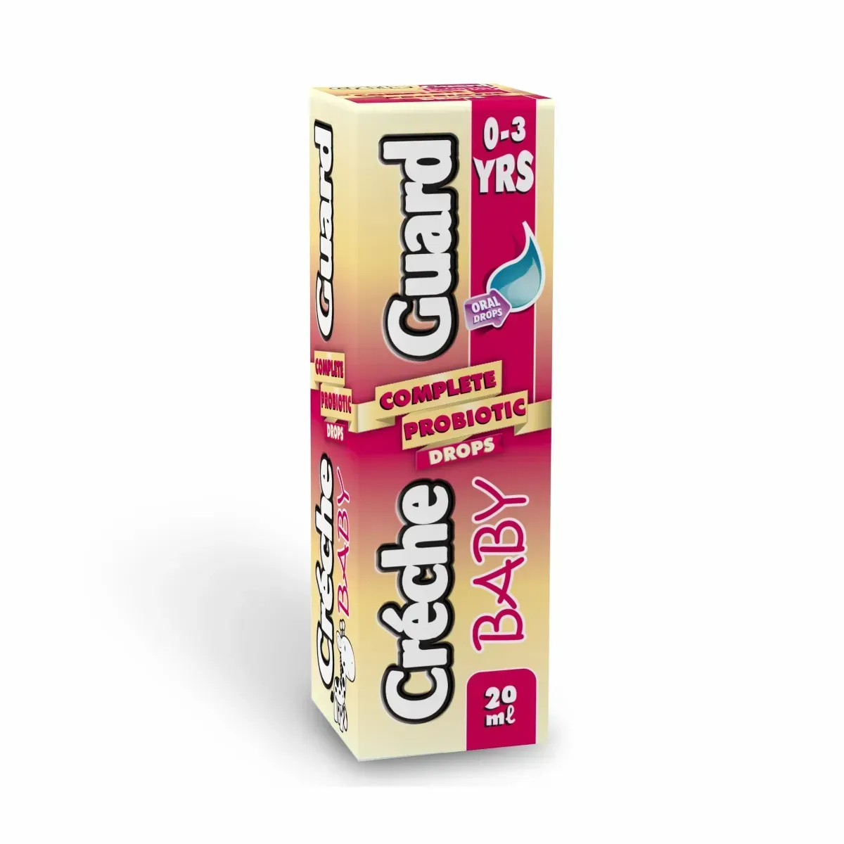 Angled front view of Créche Guard Baby Complete Probiotic Drops 20 ml box on white background