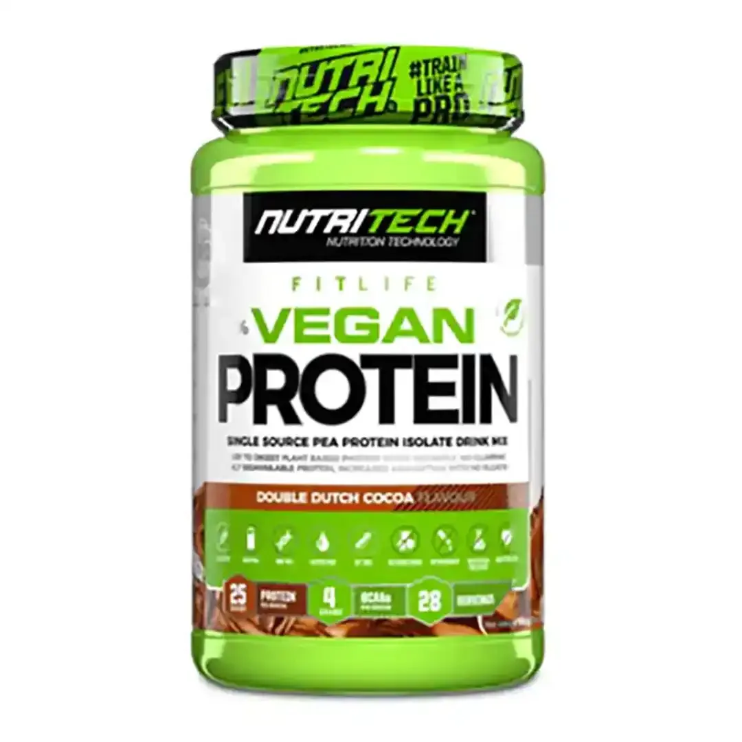 Front of Nutritech FitLife Vegan Protein 908g tub, Double Dutch Cocoa flavour