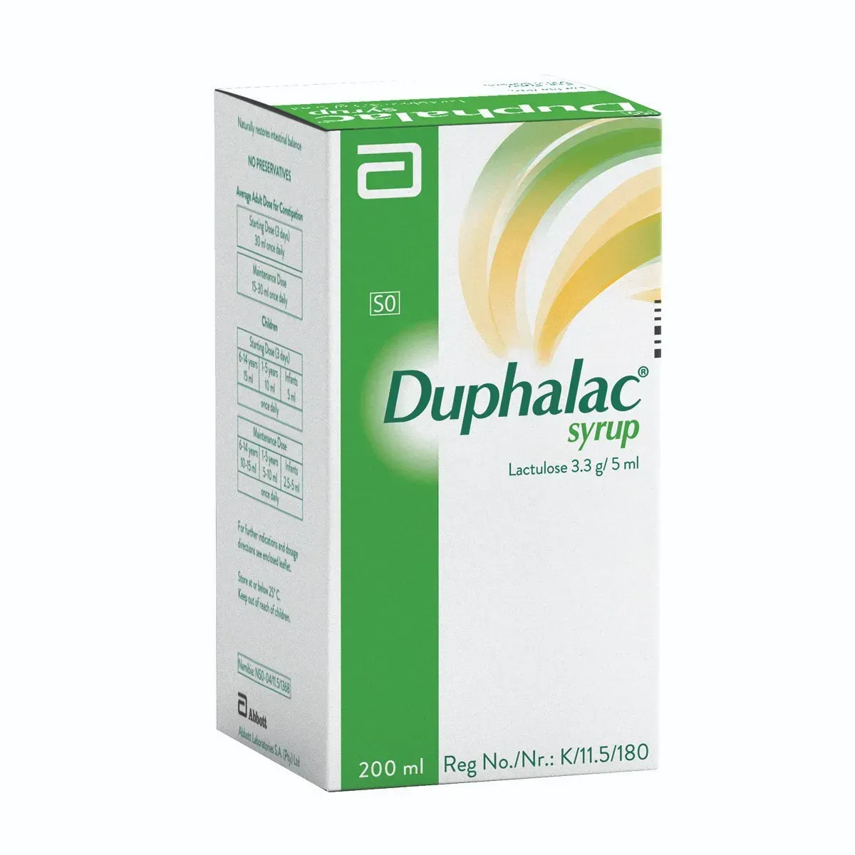Angled front view of Duphalac Syrup 200 ml box by Abbott Laboratories