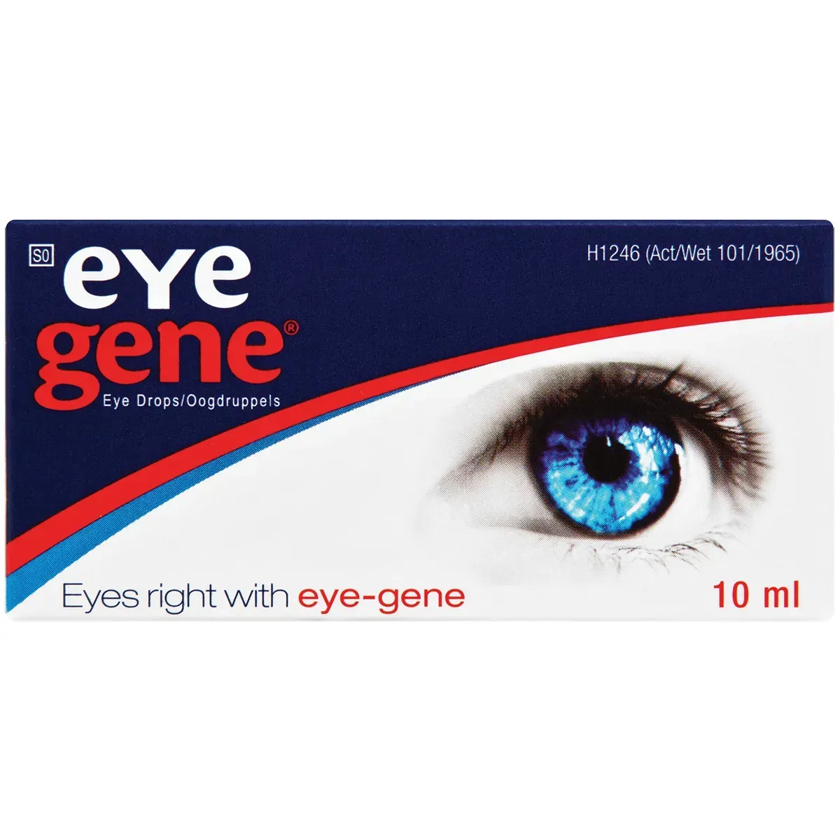 Front of Aspen Eye-Gene Eye Drops 10 ml box on white background