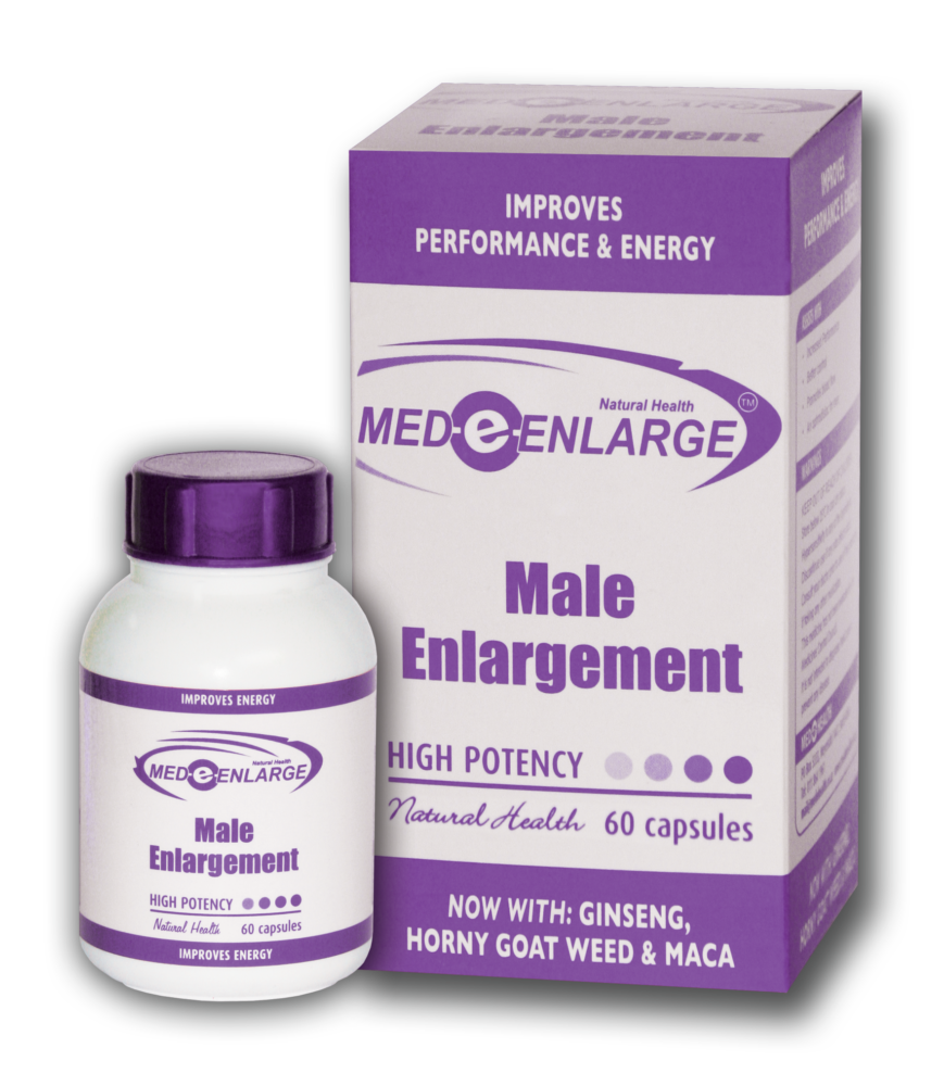Front of Med-E-Enlarge Male Enlargement Capsules box and bottle, 60 capsules