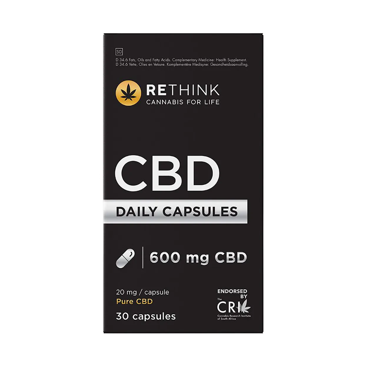 Front of Rethink CBD Daily Capsules 600mg, 30 capsules box