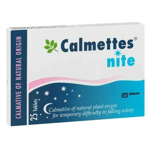 Front angled view of Calmettes Nite 125mg calmative tablets box, 25 tablets