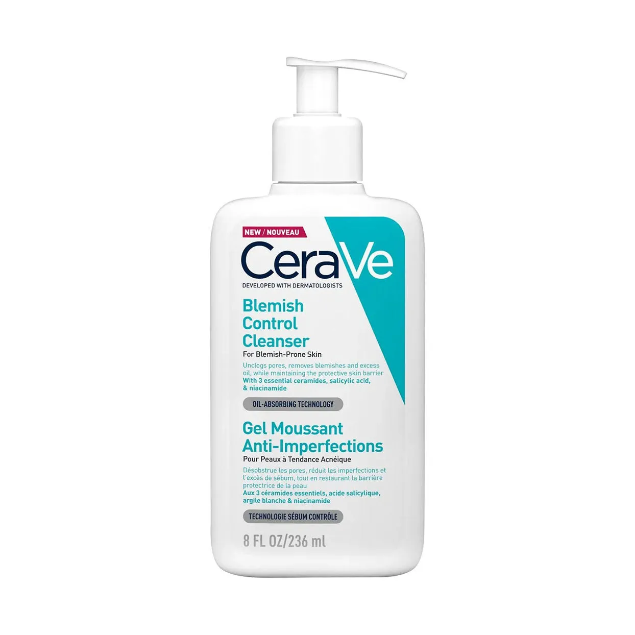 Front of CeraVe Blemish Control Cleanser 236ml pump bottle
