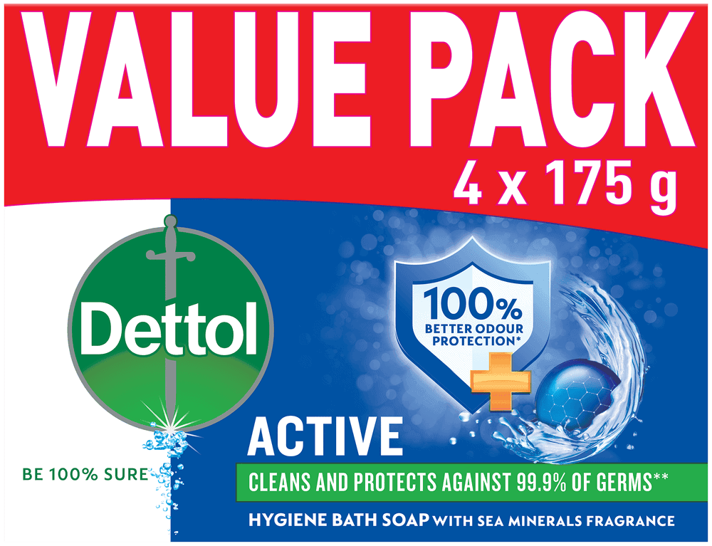 Dettol Active Hygiene Bath Bar Soap 4 x 175g