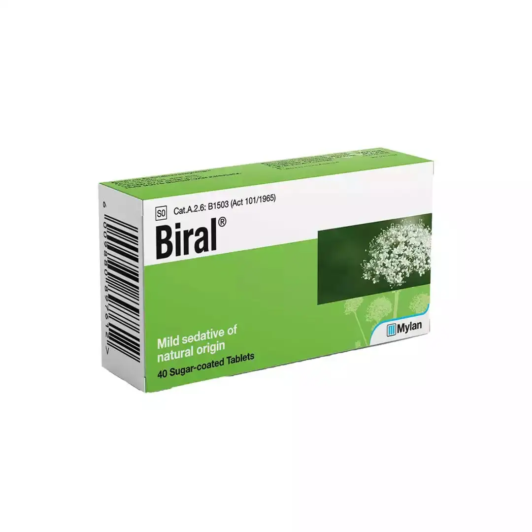 Angled view of Biral 40 Sugar-coated Tablets box
