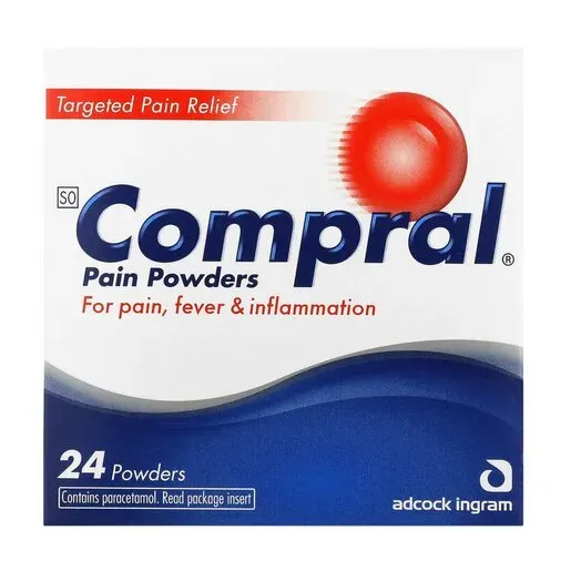 Front of Compral Pain Powders 24 powders box by Adcock Ingram