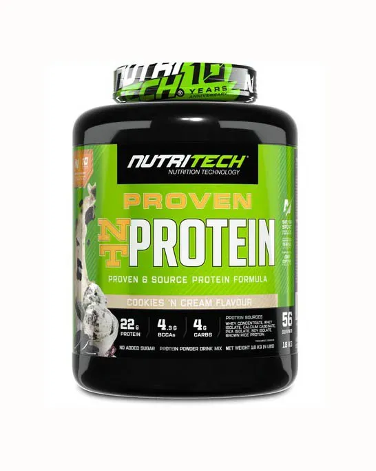 Front of Nutritech Proven NT Protein Cookies and Cream 1.8 kg tub