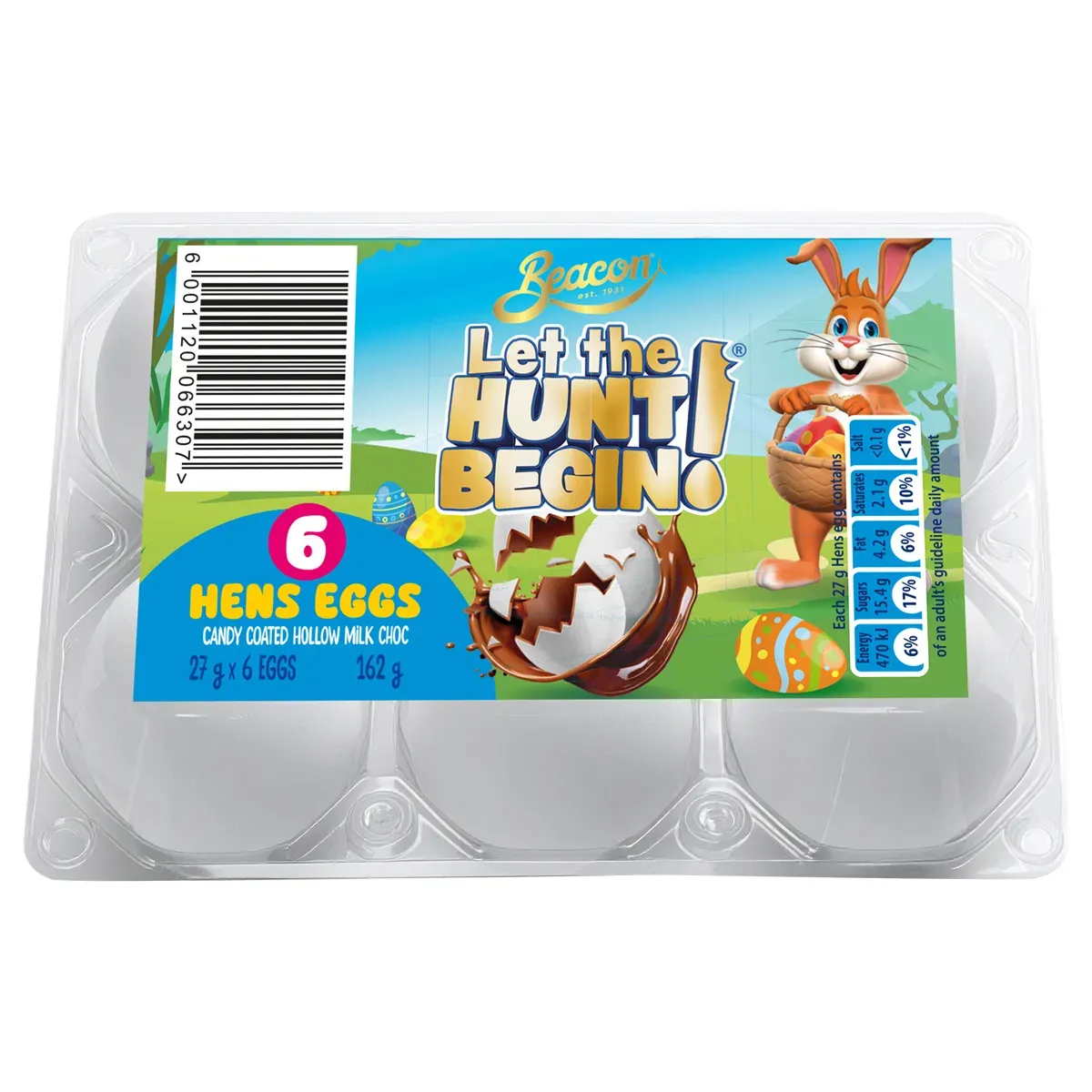 Front of Beacon Hens Eggs candy coated hollow milk chocolate 6 eggs pack