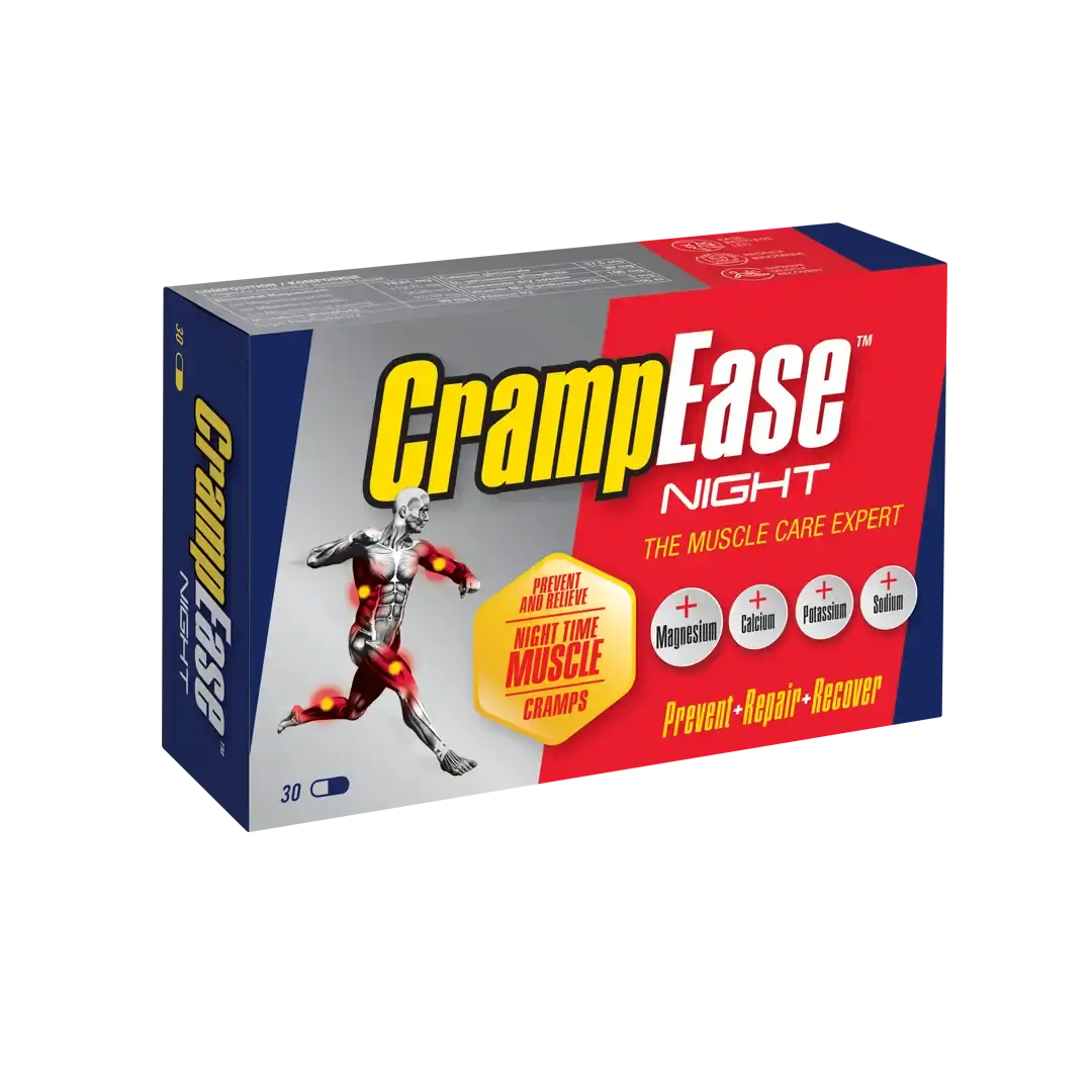 Angled front view of Nativa CrampEase Night 30 capsules box on white background