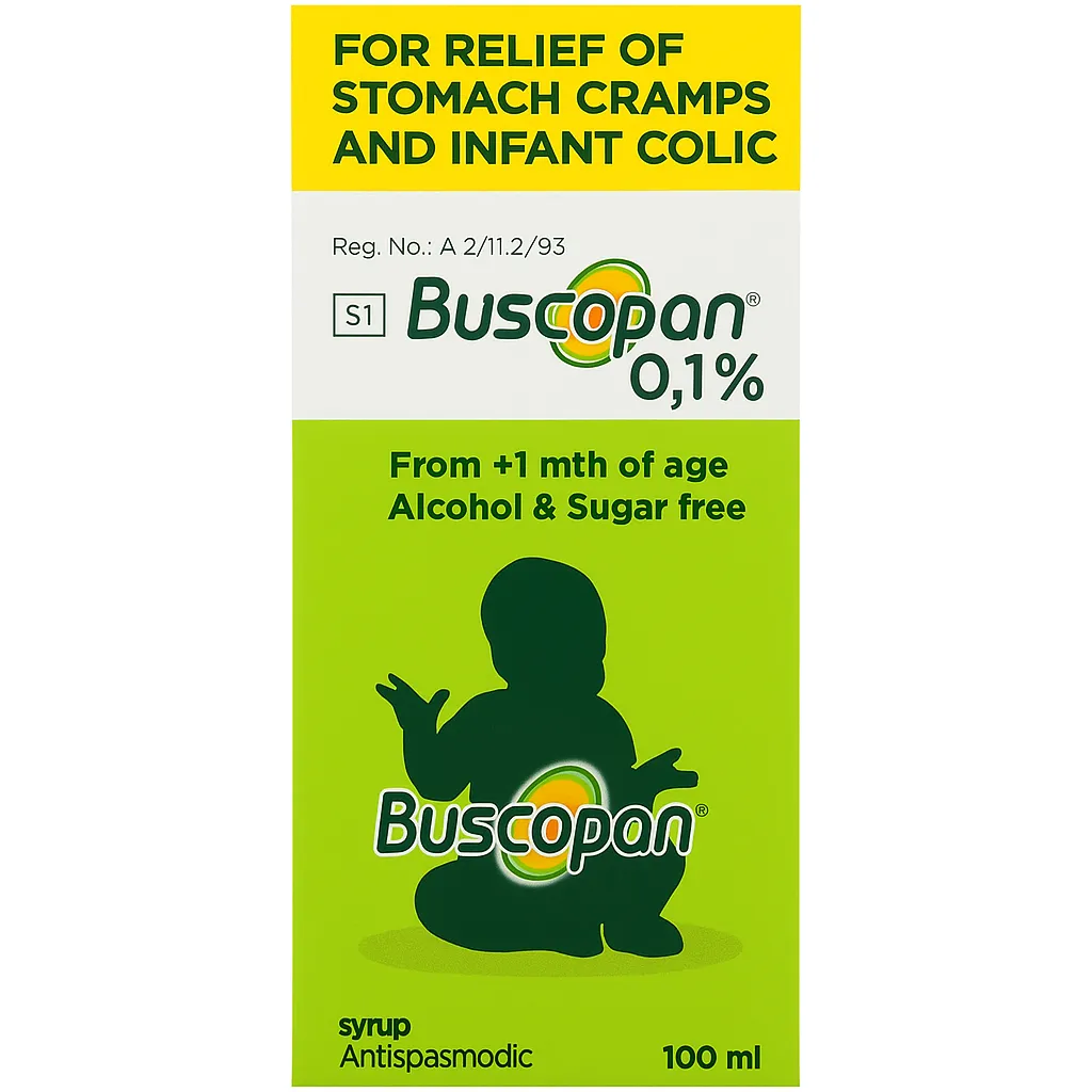 Front of Buscopan Syrup 0,1% 100 ml box for infant colic relief