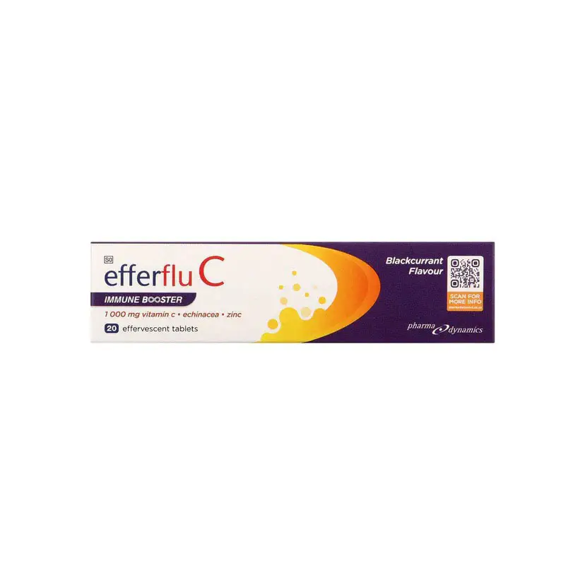 Front of Pharma Dynamics Efferflu C Immune Booster Blackcurrant Flavour 20 effervescent tablets box